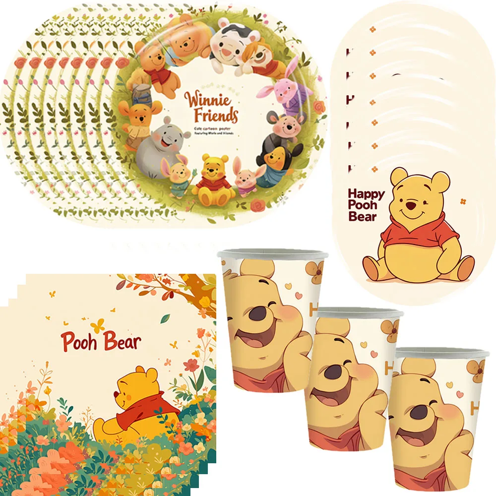 Disney Winnie Bear Theme Kild Birthday Party Decor Paper Plate Cup Background Disposable Tableware For Kids Baby Shower Supplie