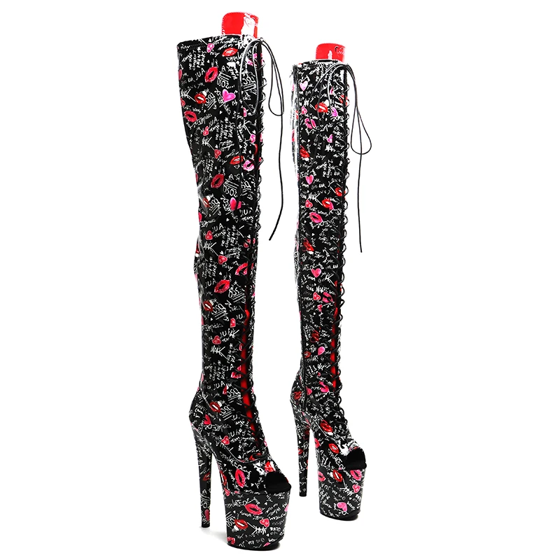 Leecabe   20CM/8inches  Patent  PU  Love  lip print  Trend fashion Open toe   High Heel platform stripper heel  Pole Dance boots