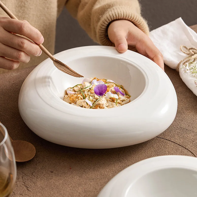 Creative Double-layer Ceramic Insulation Western Food Dish Hotel Features Anti-scalding Western Tableware White Wire Drawingdisc