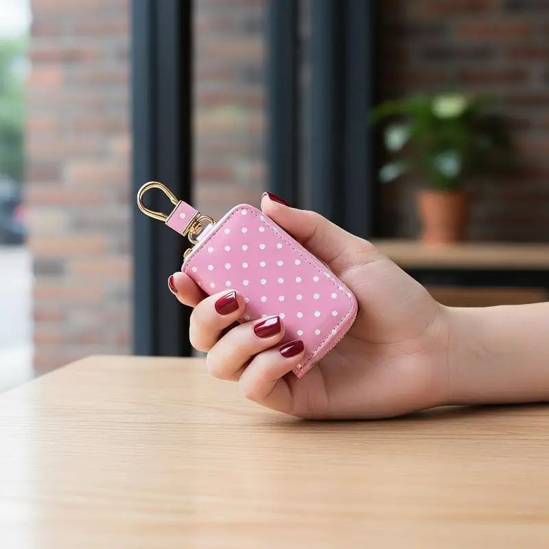 Polka Dot Glossy Patent Leather Key Pouch Golden Zipper Metal Clasp For Daily Use Storing Car Keys Small Accessories