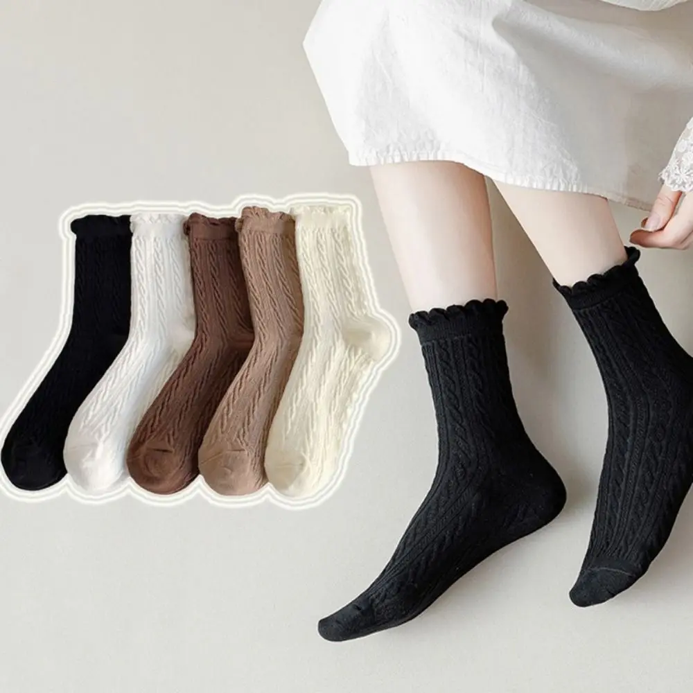 

1/5 Pairs Durable Warm Winter Thickened Wool Socks Lace Anti-Cold Women's Floor Socks Solid Color Seamless Sleeping Socks