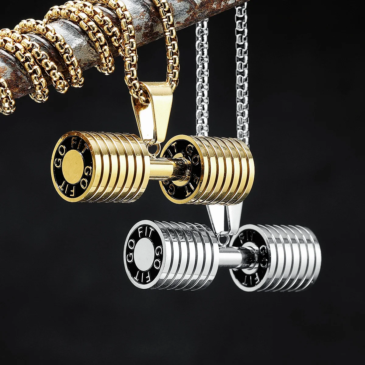 Dumbbell Men Necklaces 316L Stainless Steel Go Fit Pendant Fitness Muscles Bodybuilding Chain Punk Rock for Rider Jewelry Gift