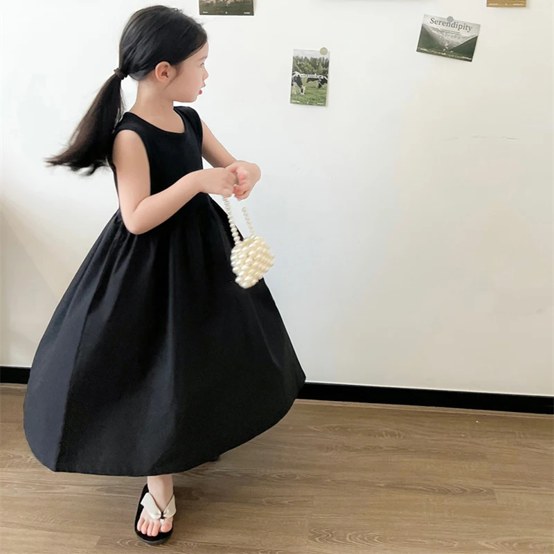 New Girl Dress Cotton Solid Classic Sleeveless Casual Dress Fashion Outing Breathable Soft Comfortable Princess Dress 3-8Y