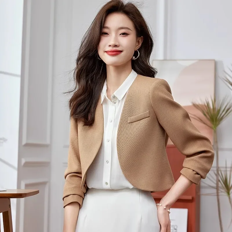 Solid Beige Collarless เสื้อแจ็คเก็ตสั้นฝรั่งเศส Designer อย่างเป็นทางการ Blazers Elegant ผู้หญิง Office Lady ฤดูใบไม้ผลิแจ็คเก็ตเกาหลีเสื้อแฟชั่น