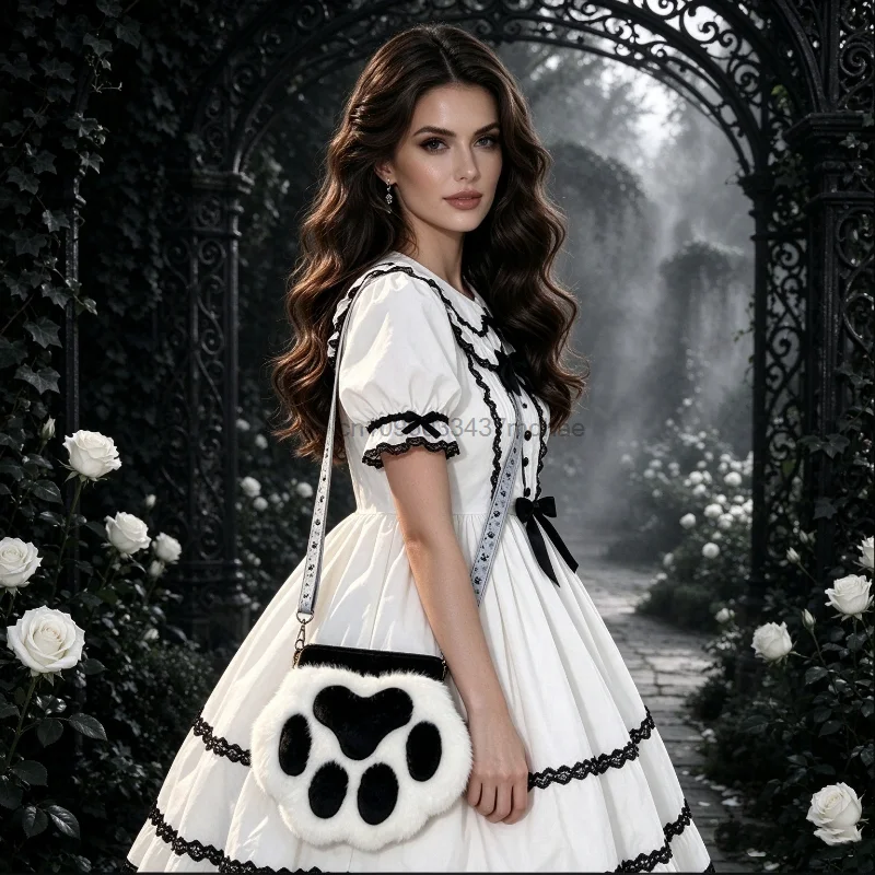 Cute Cat Paw Plush Crossbody Bag Fluffy Animal Paw Shoulder Bag Kawaii Lolita Handbag Women Party Cosplay Props Daily Backpack