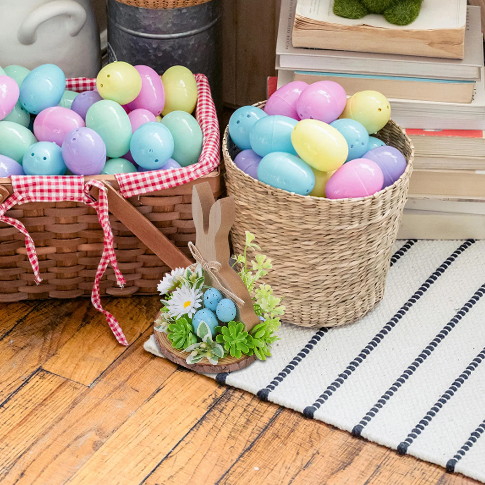 

Rustic Easter Bunny Table Centerpiece Wooden Bunny Decorative Eggs Flowers Farmhouse Rabbit Desk Party Decoration