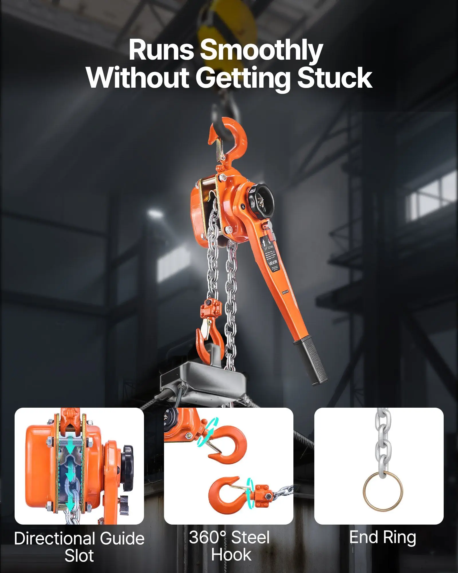 1.5T/3300LBS Manual Lever Chain Hoist 10FT G80 Alloy Steel Chain with Dual Pawl Brake & 360° Hooks for Warehouse Construction
