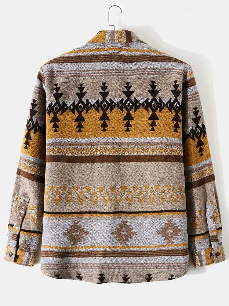 ZAFUL Men\'s Shirts Tribal Geometric Pattern Blend Wool Long Sleeve Warm Shirt Coat Vintage Clothes Shacket Autumn Winter Blouse