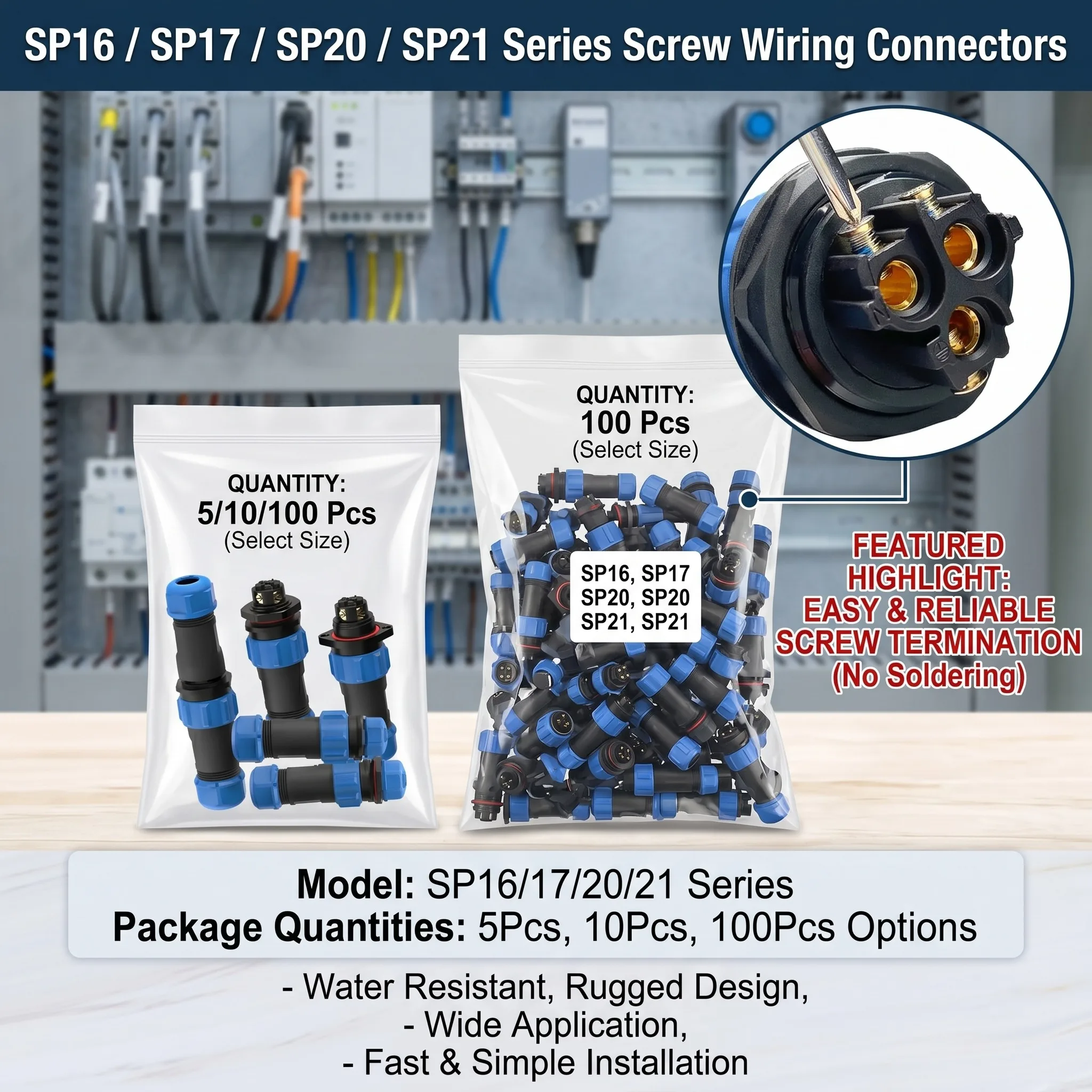 

5/10/100 Sets SP16 SP17 SP20 SP21 2PIN-12PIN Screw Wiring Waterproof Aviation Connectors IP68, Electrical Cable Wire Connector