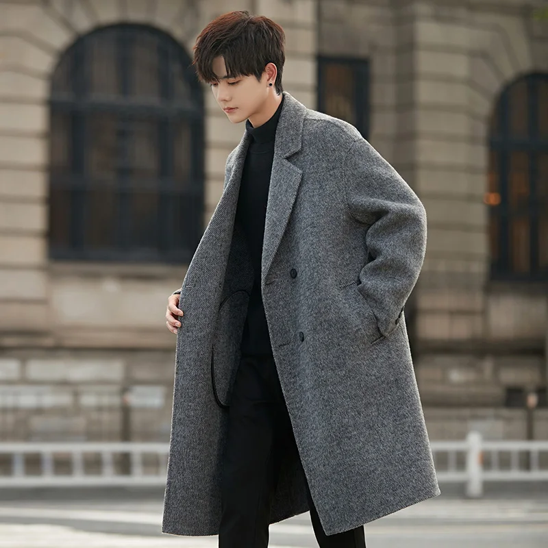 

2025 Fall Winter New Double Faced Wool Overcoat Men Loose Collar High End Men Outerwear Mid Long Length Fashion Coat Blend Mens