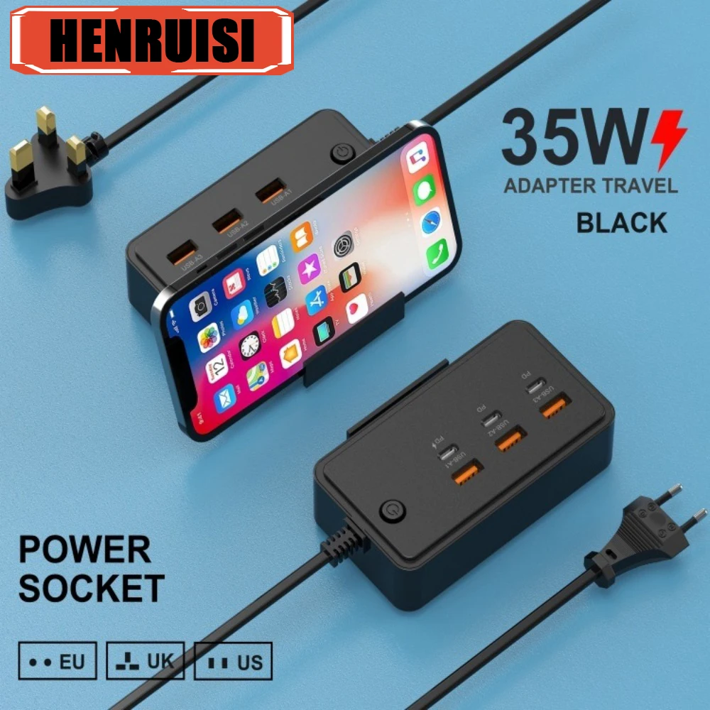 

Многофункциональный настольный удлинитель 35 Вт, 3 порта USB 3 типа C, адаптер для быстрой зарядки телефона, разъем для iPhone, Samsung, Xiaomi