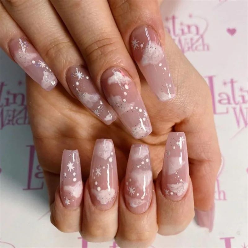 

24Pcs/Set Snowflake French False Nail Tips Matte Full Cover Long Ballerina Coffin Fake Nail Art Detachable Press on Nails Kits