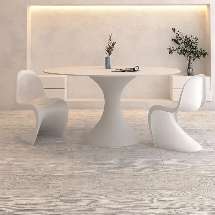 Slate, dining table, household, small apartment, dining room, dining table, simple, modern, creamy, round, white, with turntable
