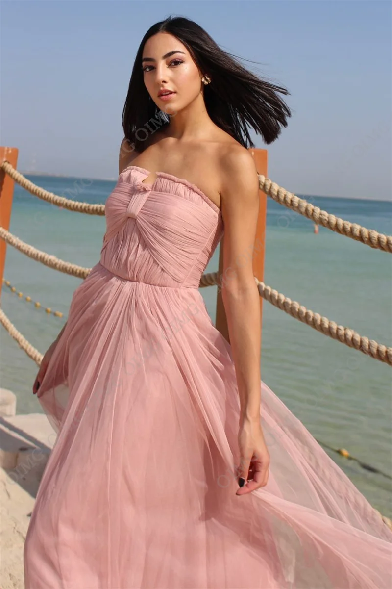 OIMG-Vestidos Quinceanera sem alças, Evening Prom Gowns, simples Tulle, mangas Império dama Dress, A Line Floor Length, rosa