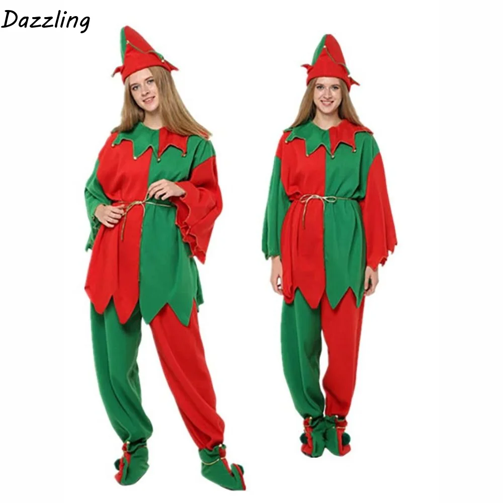 

Hat Christmas Cosplay Costume Pants Shoes Green Elf Costume Top Color Blocking Christmas Party Accessories Photo Props