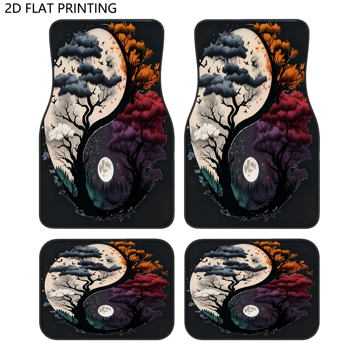 4pcs Car Floor Mat Set, Featuring 2D Flat Print Design With Yin Yang Tree Silhouettes And Moonlight Patterns. A Stylish Interior