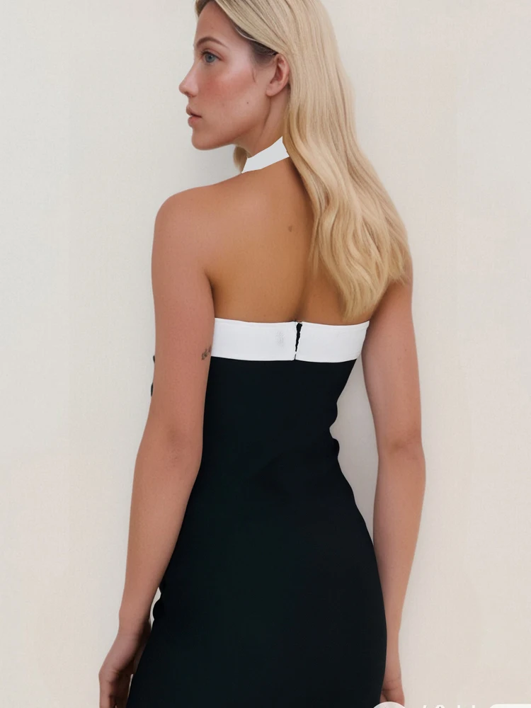 Summer Mini Party Stretchy Skinny Backless Cross Neck Black and White Colorblocking Bandage Women's Dress