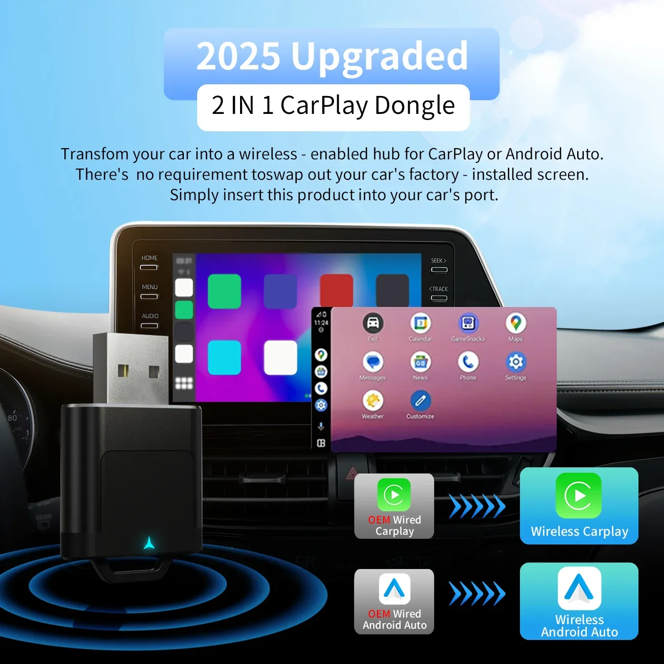 TrolinkTek NEW 2In1 Wireless Carplay AI Box Android Auto Plug&Play Applicable To Convert Original Car Wired Carplay To Wireless