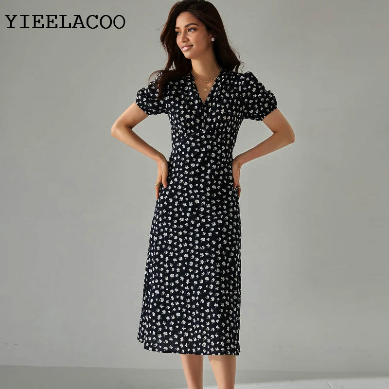 فستان أسود مُزين بنقشة الزهور بأكمام قصيرة نحيف 2026 فستان نسائي للربيع والصيف لقضاء العطلات من قطعة واحدة فستان كلاسيكي للسيدات #3