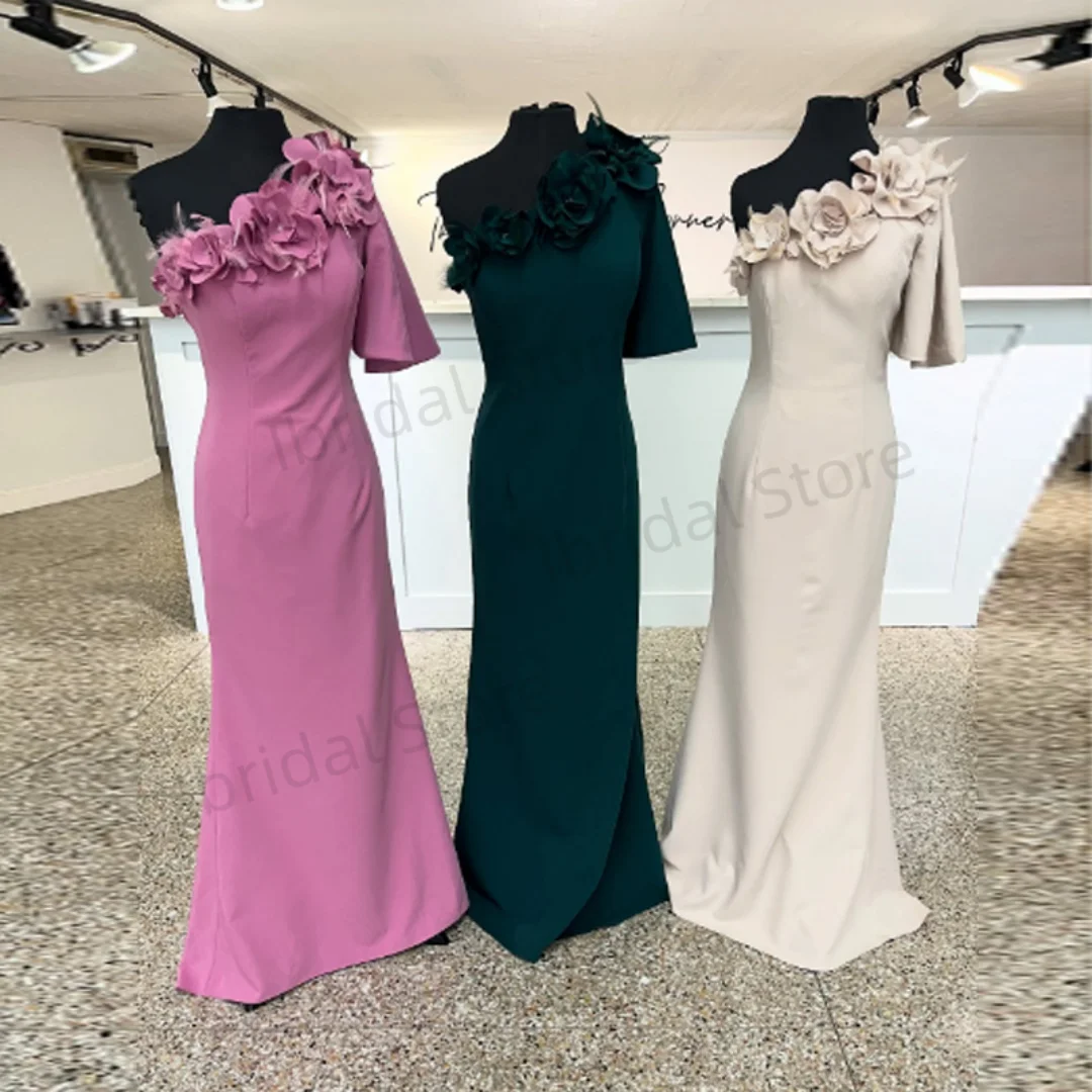 Customized Saudi ArabiaOne Shoulder Mother of The Bride Dress 3D-Flowers Sweep Train Short Sleeve  Straight AsymmetricalBespoke