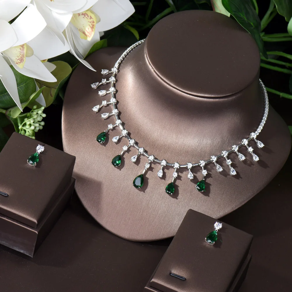 

HIBRIDE New Fashion Four Colors Water Drop 4PCS Women Necklace Earring Sets CZ Dubai Nigeria Wedding Jewelry Accessories N-431