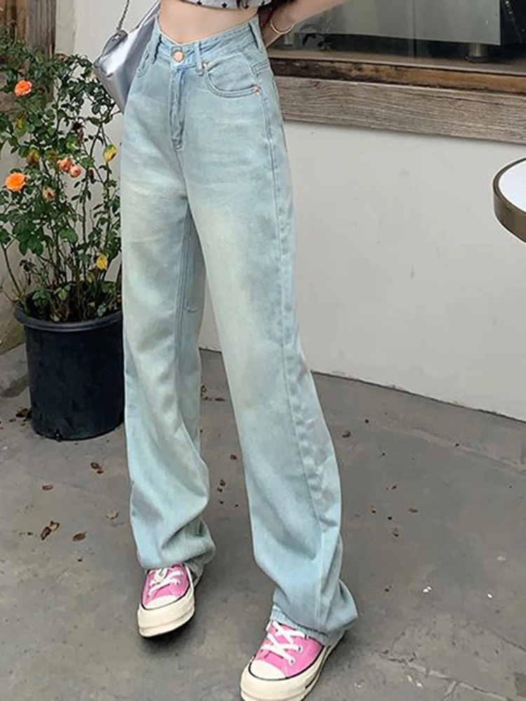 Ins 2024 Girls High Waist Summer Thin Straight Leg Jeans Female Light Blue Trashy Y2k 2000s Contrast Color Denim Wide Leg Pants