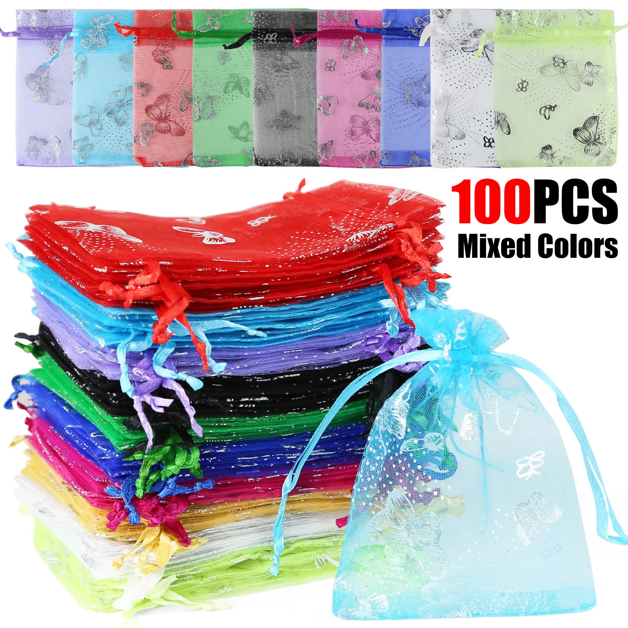 100PCS Luxus Schmetterling Gedruckt Organza Beutel Drawable Schmuck Beutel Geschenk Verpackung Candy Tasche Für Hochzeit Party – Detail 1