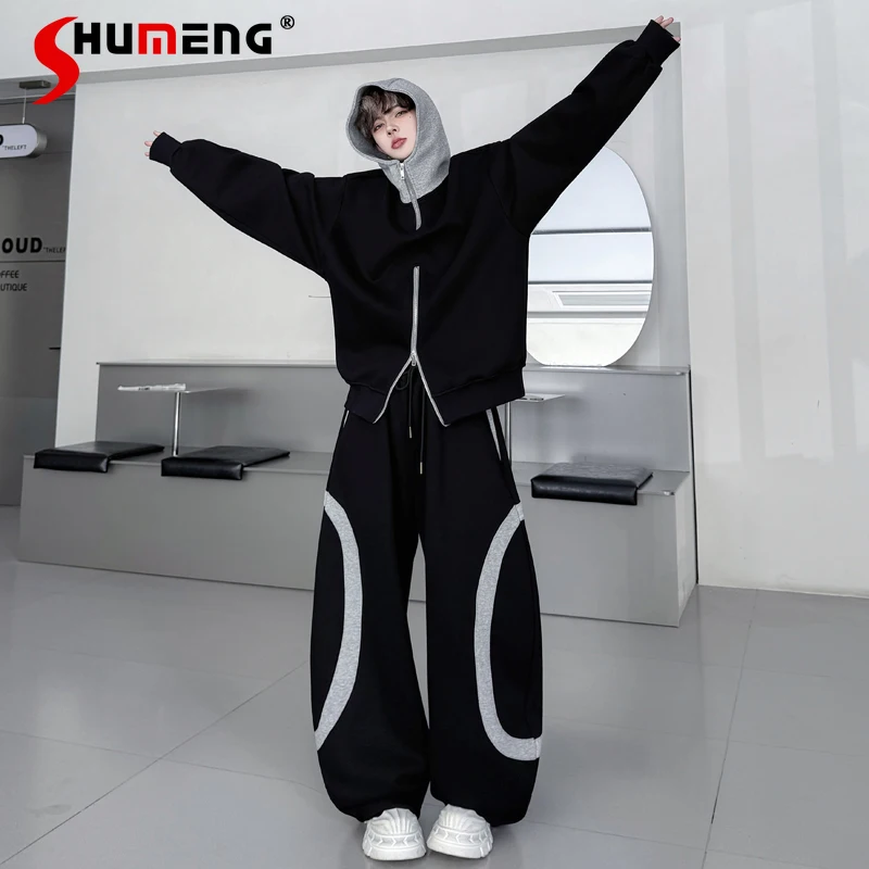 

Men's 2025 Autumn New 2pcs Contrast Color Splicing Hooded Pullover Sweatshirt Jacket Sets Men's Curved Long Pants Two-Piece Sets