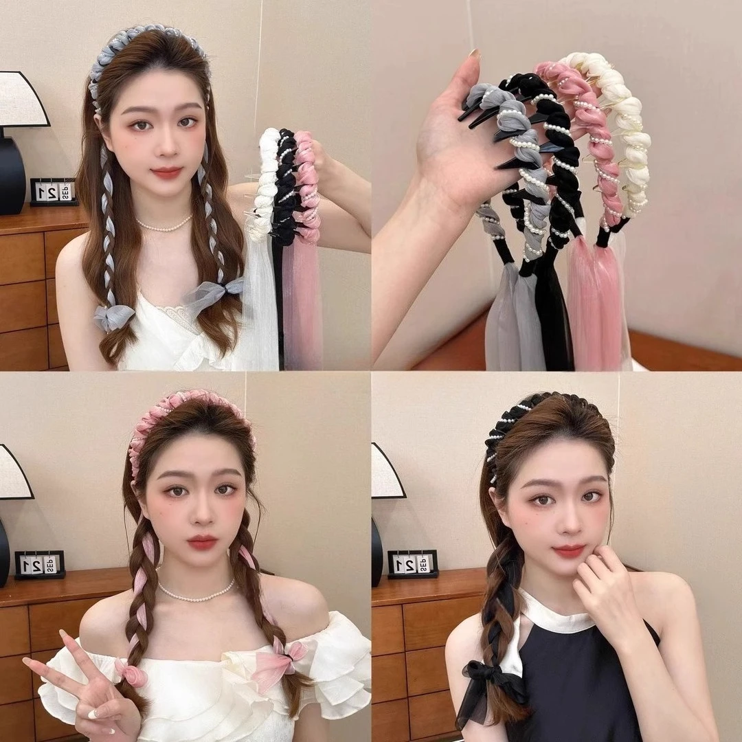 

Mesh pearl streamer headband, high cranial top, toothed comb, headband, daily external wear, tied hair integrated headdress