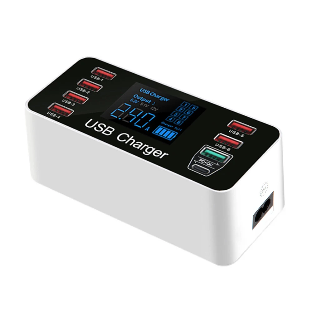 USB Charger Station Quick Charger 3.0 Smart LED Digital display 40W 8-port Multi USB Type C PD Charger Fast Charging Station HUB