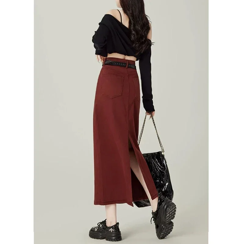 MiiiiX Retro Red High Waist A-line Long Denim Skirt Plus Size Back Vent Design Straight Skirt 2024 New Autumn Women's Clothes