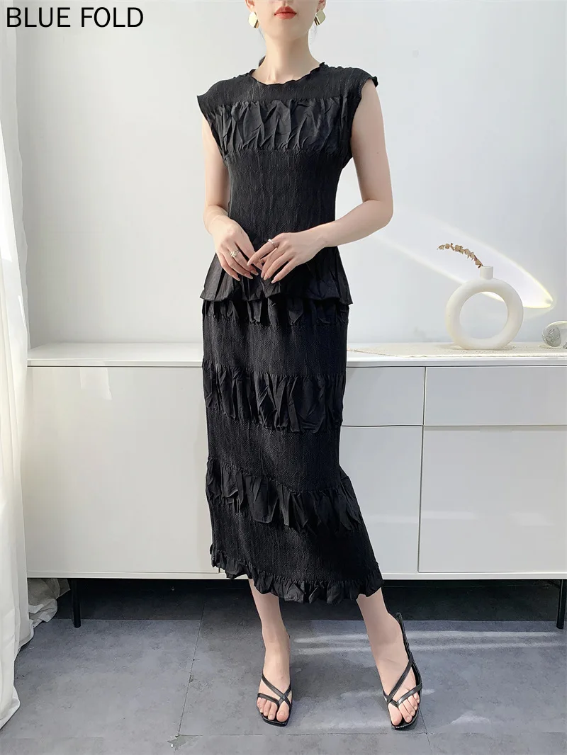 

MIYAKE PLEATS Heavy Embroidery Pleated Suit for Women 2025 Summer Top + Skirt Temperament Comfortable and Casual Skirt Sets