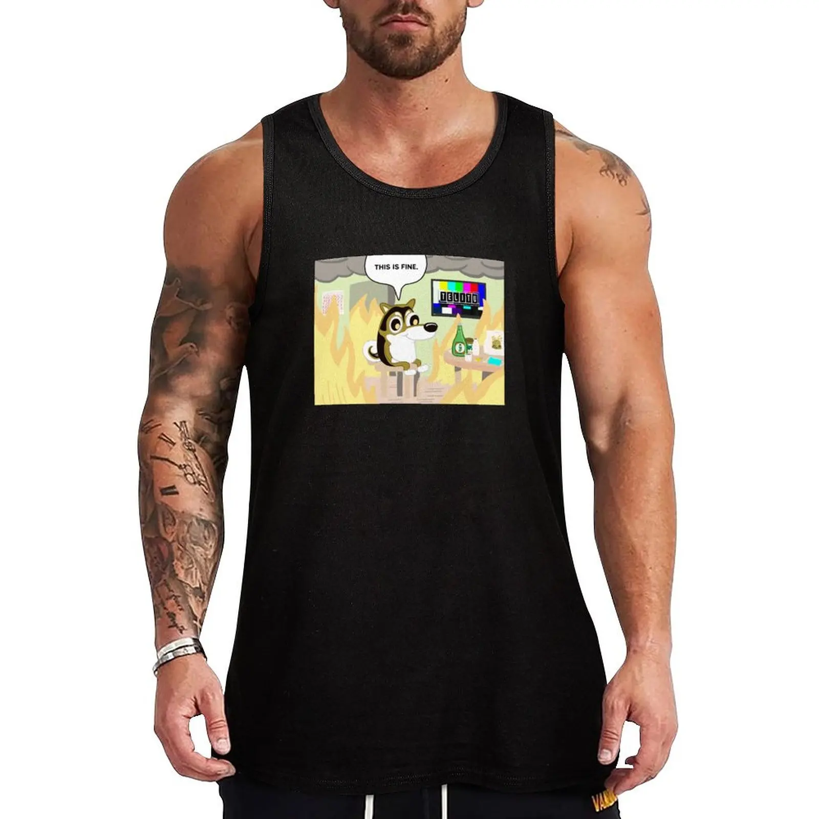

THIS IS FINE. Tank Top anime t-shirts mens clothing training weight vest T-shirts men
