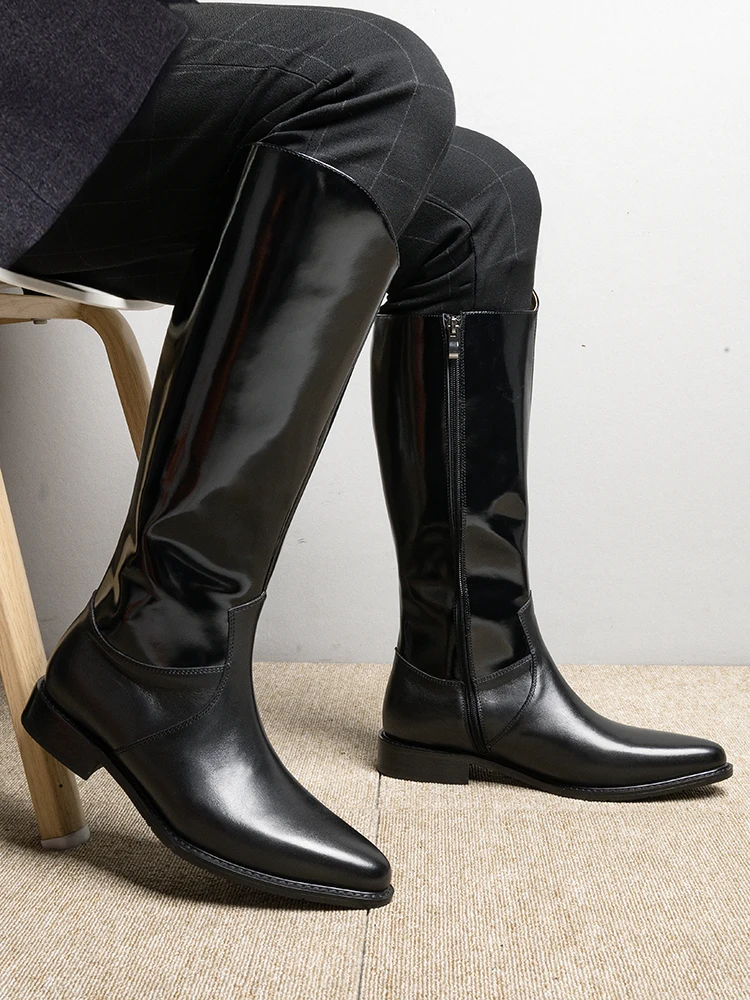 Luxury Fashion Men Riding Boots Genuine Leather Pointed Toe British Style Knee High Boots High End Gentleman Knight Boots