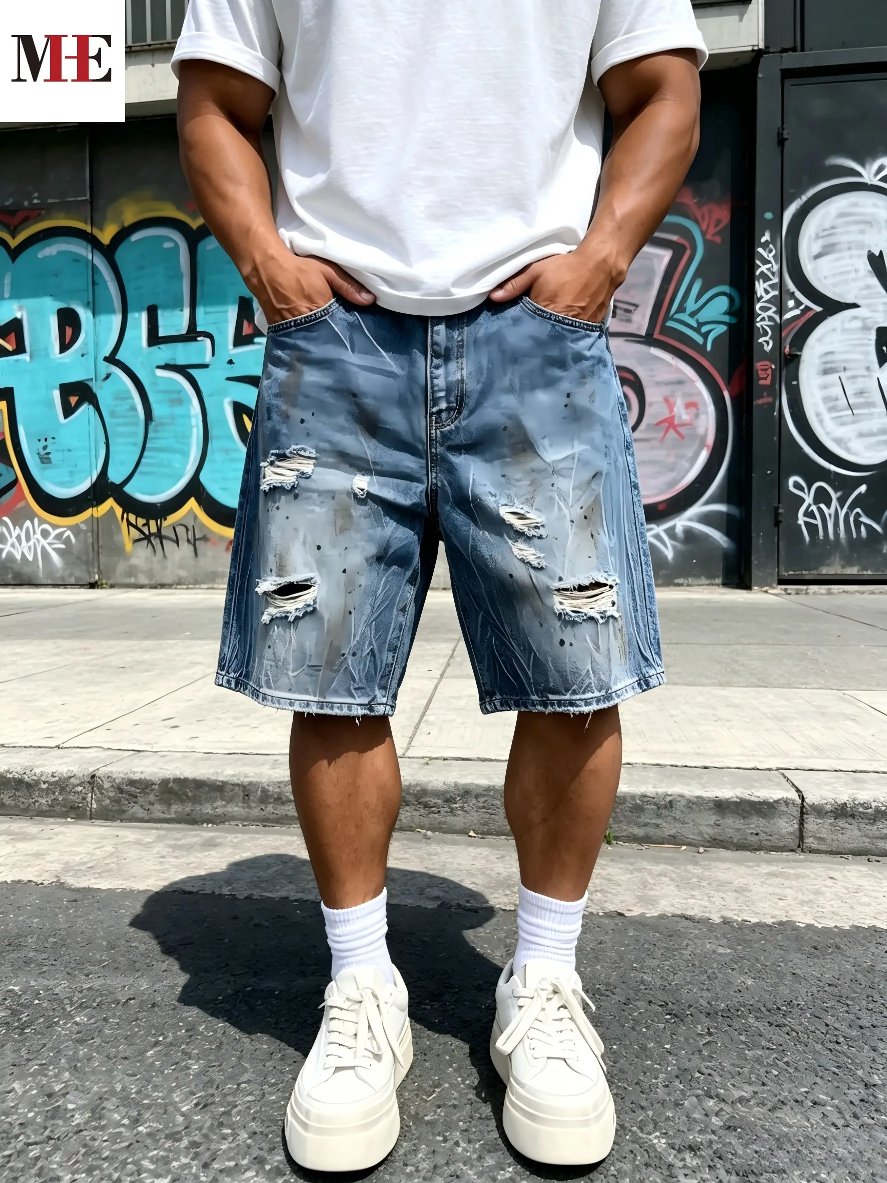 

HME Men's Grunge Denim Pants, Blue Knee-Length Shorts with Rips & Vintage Wash for Street Style