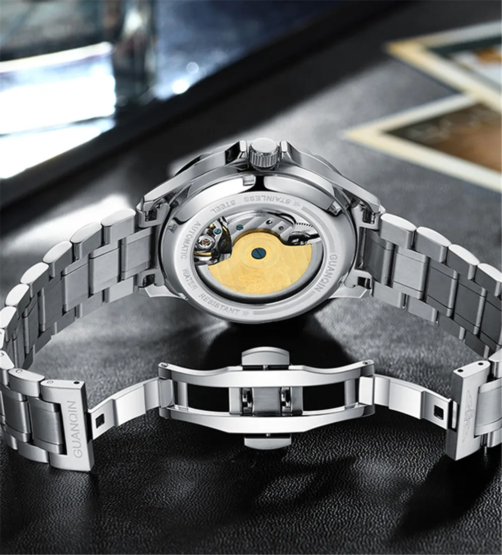 GUANQIN Men Starry Sky Dial Stainless Steel Leather Strap Business Wrist Watch Automatic Self-wind Mechanical Man Skeleton Clock