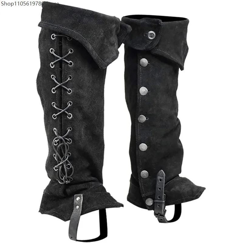 Retro Medieval Tall Boot Covers Faux‑Suede Material Side Metal Buttons Design Adjustable Foot Strap Renaissance Cosplay Prop