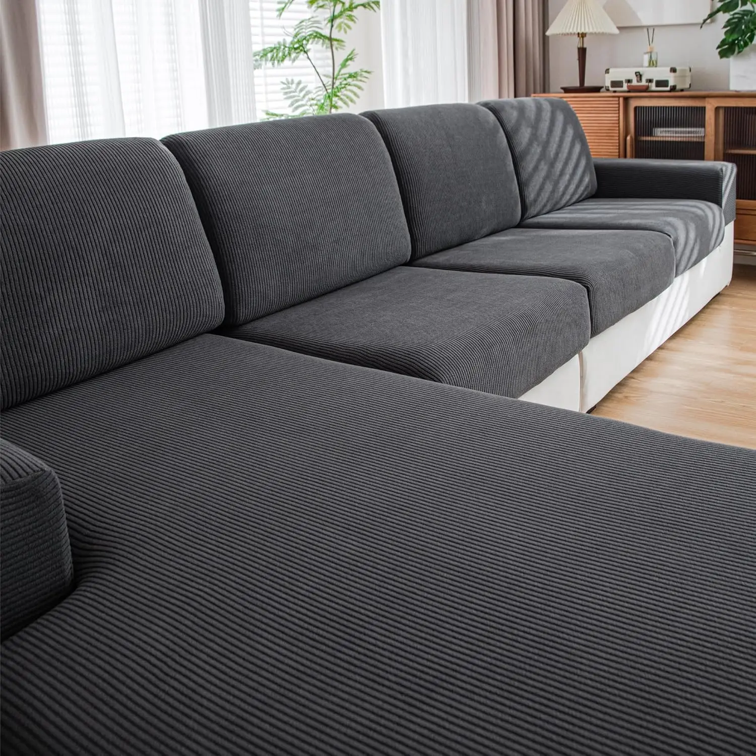 Soft Stretch Couch Cushion Cover, Washable Slipcover for Sectional and L-Shaped Sofas, Dark Gray Furniture Protector