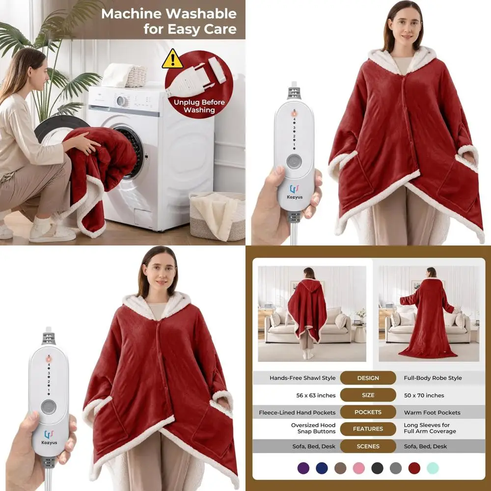 

Heated Electric Throw Blanket with Hood & Pockets, 5 Temperatures, 3H Auto-Off, Washable, Certified, Unisex, 56x63 Red