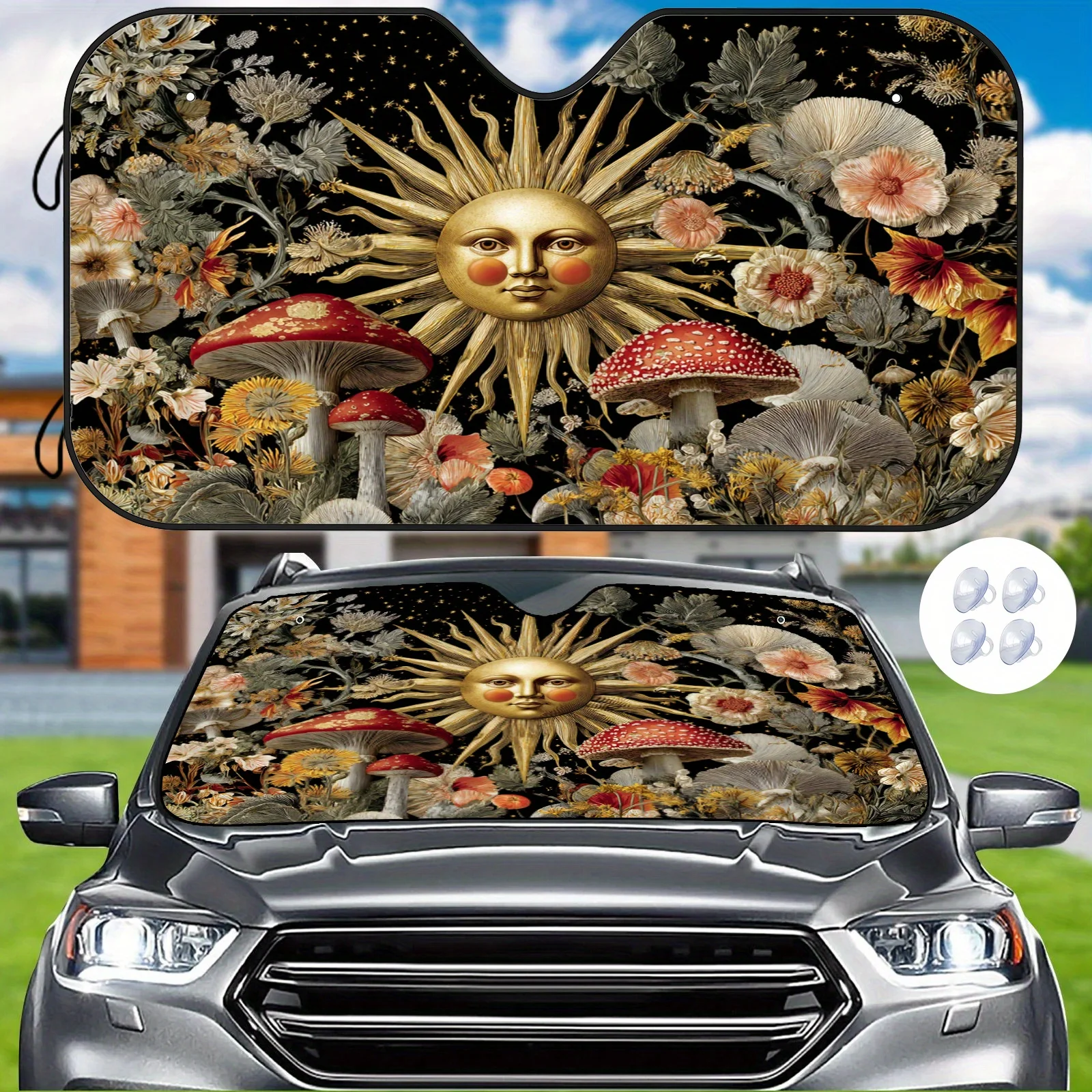 Fantasy Floral Sun Car Sunshade, Retro Decorative Style, Easy To Install And Durable, Comes With 4 Suction Cups To Maintain The