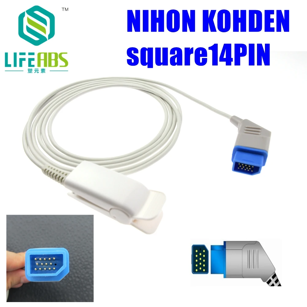 For Nihon Kohden,Square 14pin Patient Monitor Child Finger Clip Ear Clip Silicone Long Cable Reusable Spo2 Sensor