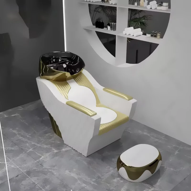 Luxury White and Gold Reclining Saloon Washing Chair Bed Modern Hair Salon Shampoo Chair with Ceramic Bowl