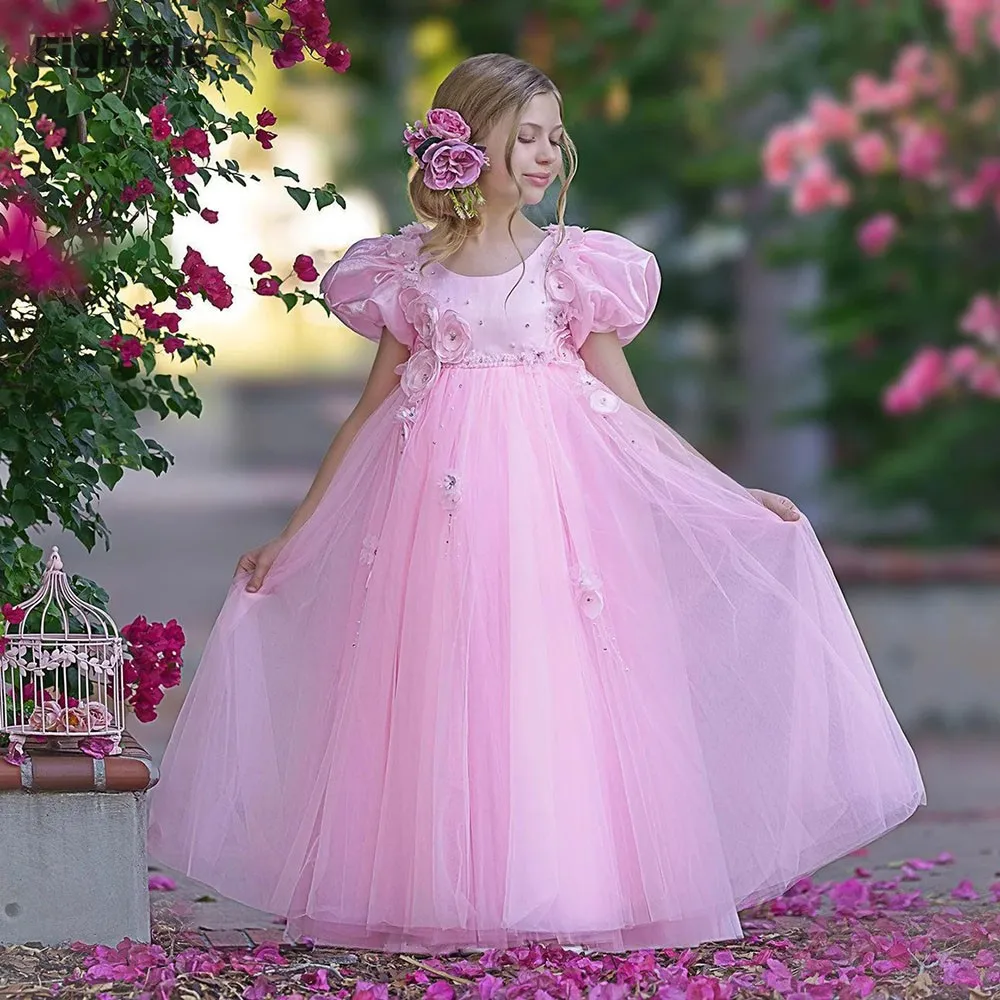 

Arabic Flower Girl Dresses O-Neck 3d Flowers Customized Tulle First Communion Girl Party Gown Children Birthday Dresses