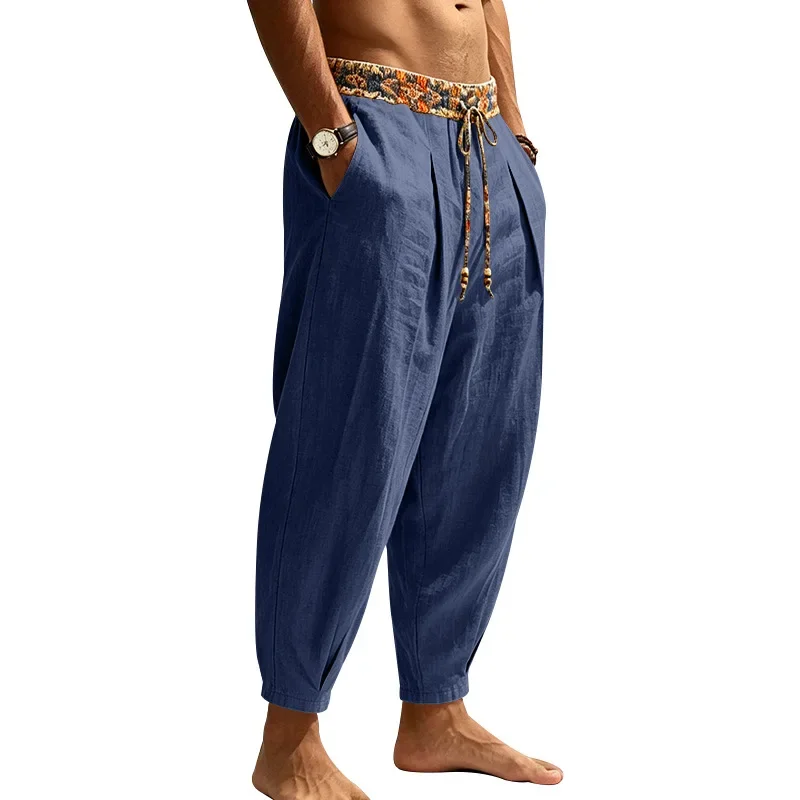 Herren 95% Leinen Haremshose Boho Blumenmuster Kordelzug Taille Lässige Weite Hose Strand Urlaub Knöchellange Hose – Detail 13