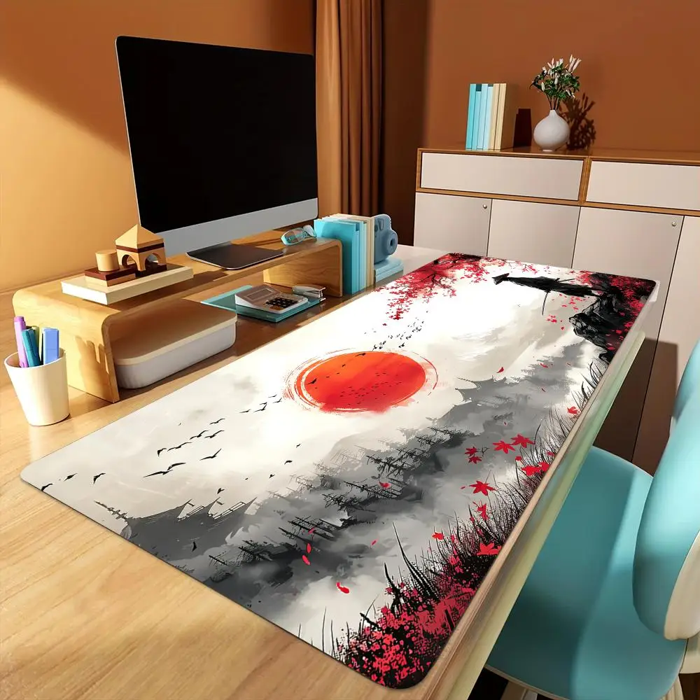 

Пейзаж с цветком вишни и дизайн самурая, большой коврик для мыши, настольный коврик, игровой коврик, нескользящая клавиатура с прошитыми краями, коврик для мыши, офисный коврик