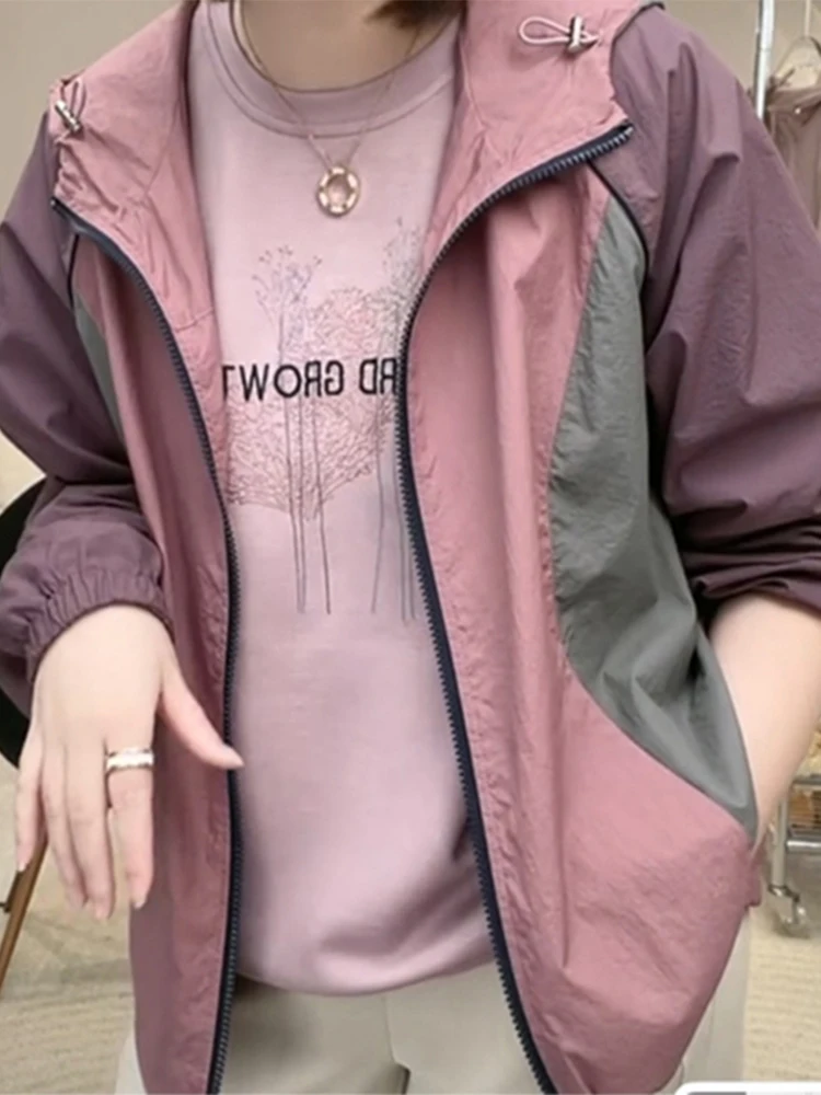 

Women's Summer 2026 New Loose Splice Color Blo Sun Protection Jaet Coat Breathable Zipper Hooded Long Sve Outerwear