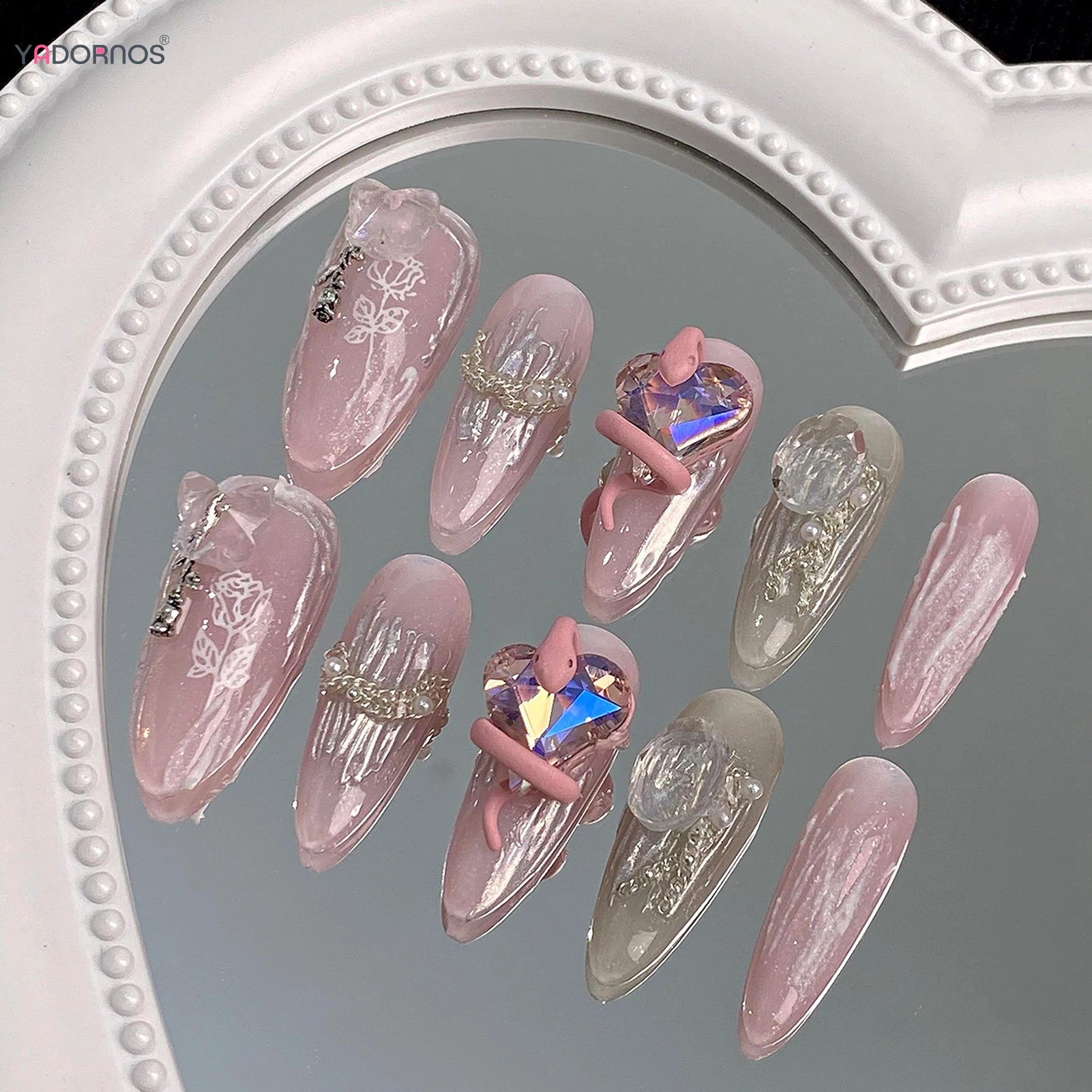 10Pcs Pink Handmade Fake Nails Almond Full Cover Press on Nails Tips Rhinestone Design Wearable False Nails Tips for Women Girls