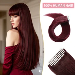 Red Wine Tape In Hair Extensions 100% Human Hair Natural Color Burgundy PU Skin Weft Tape Ins Straight Seamless Hair Extensions