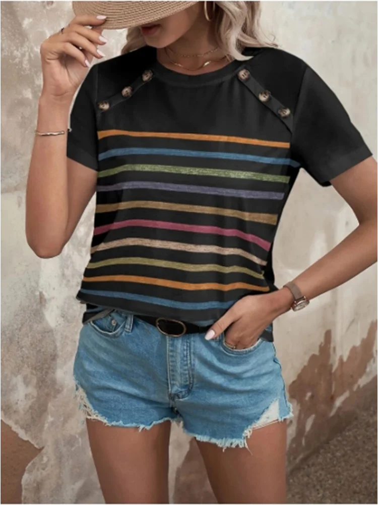 GELITAYIN Button Striped Short Sleeved Round Neck Color Blocked Women's T-shirt Street Trendy Casual Comfortable Women's Top