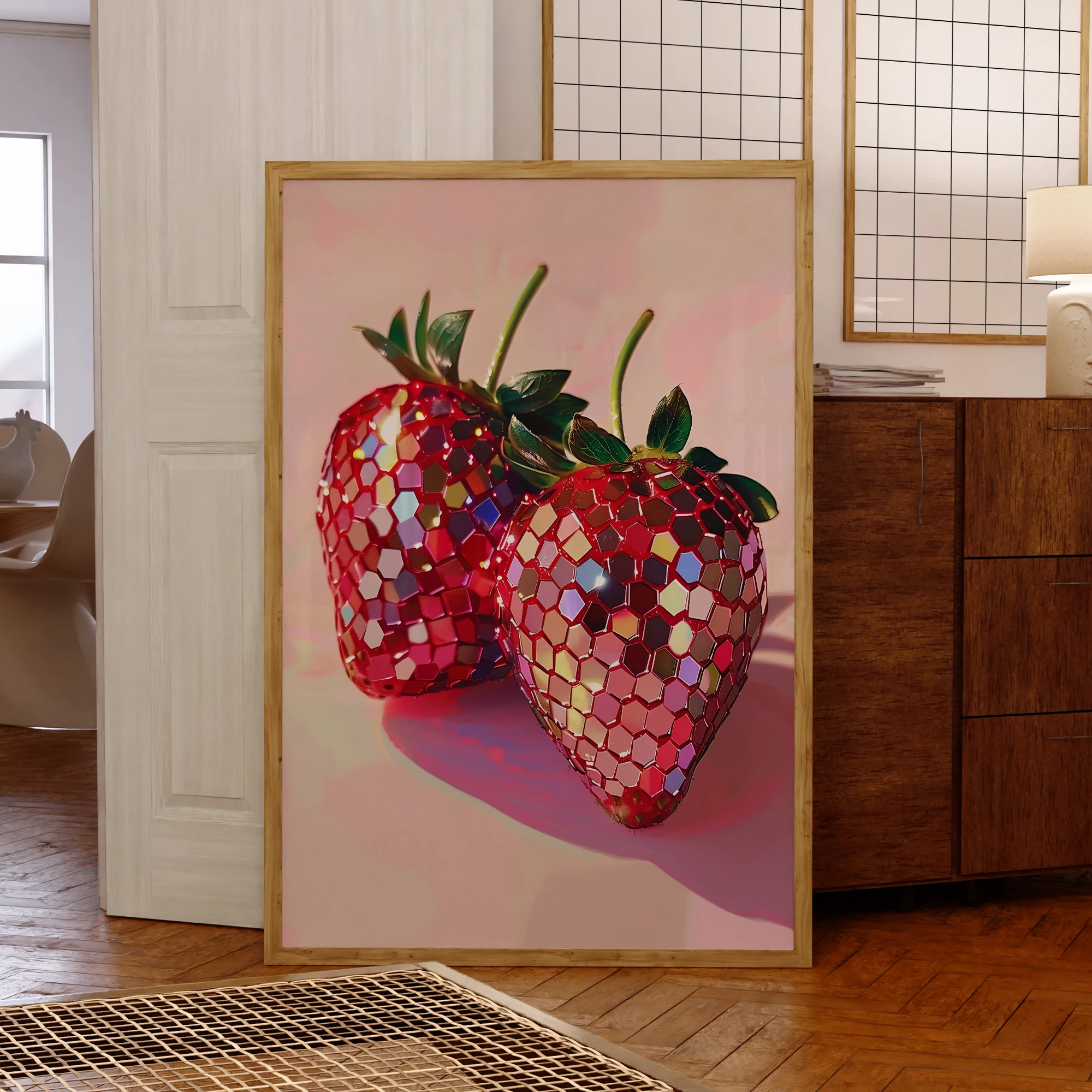 Modern Disco Strawberries Pink Red Funky Preppy Disco Wall Art Prints Canvas Painting Poster Picture For Living Room Home Decor